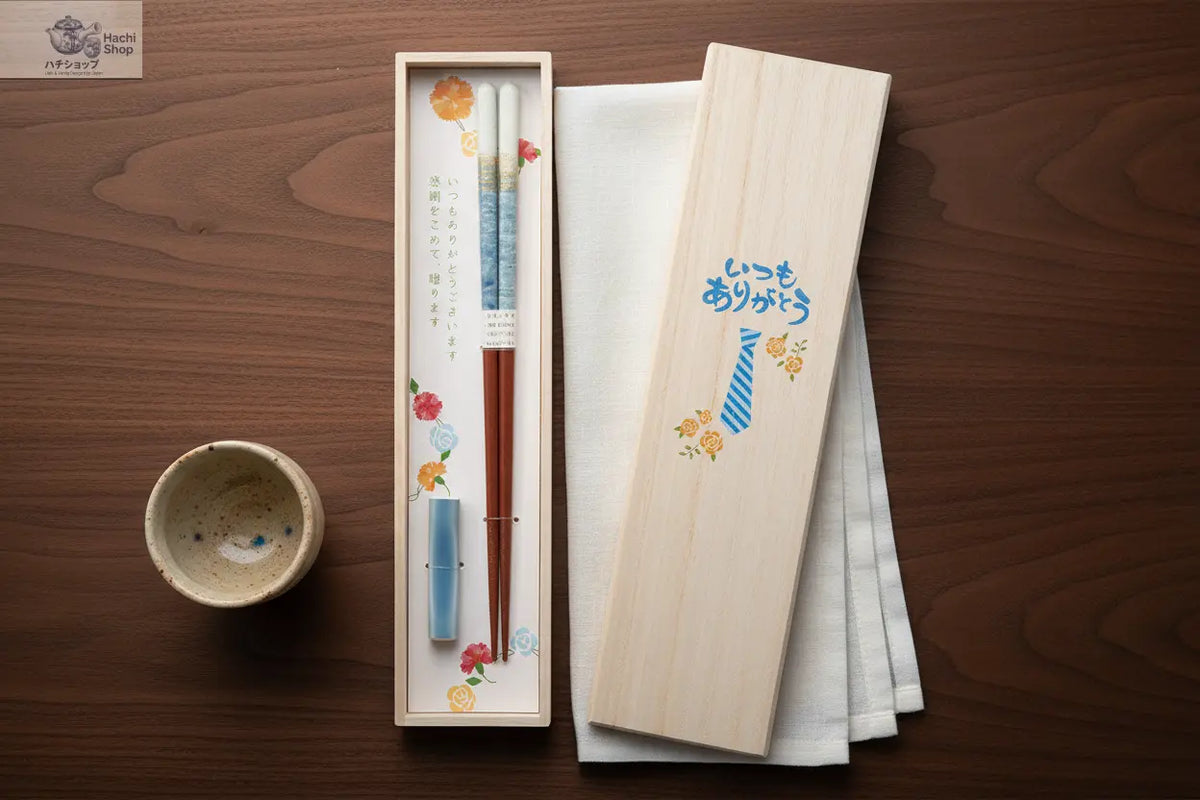 Japanese Chopsticks Gift Set "Thank You" Blue – Wooden Box with Chopstick Rest Hachishop