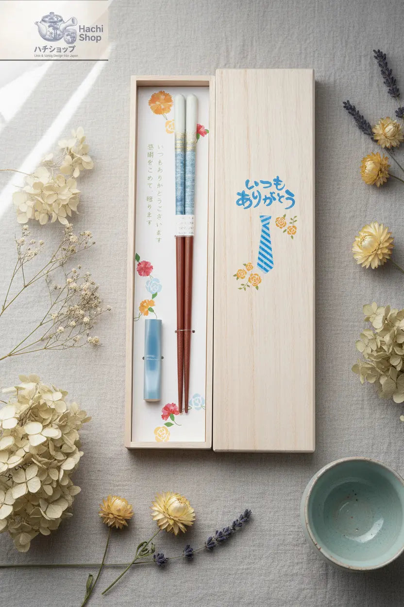 Japanese Chopsticks Gift Set "Thank You" Blue – Wooden Box with Chopstick Rest Hachishop