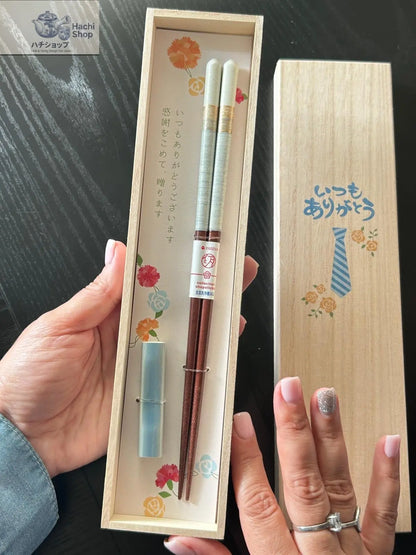 Japanskt Ätpinnar Giftset "Thank You" Blå – Träask med Ätpinnsstöd Hachishop